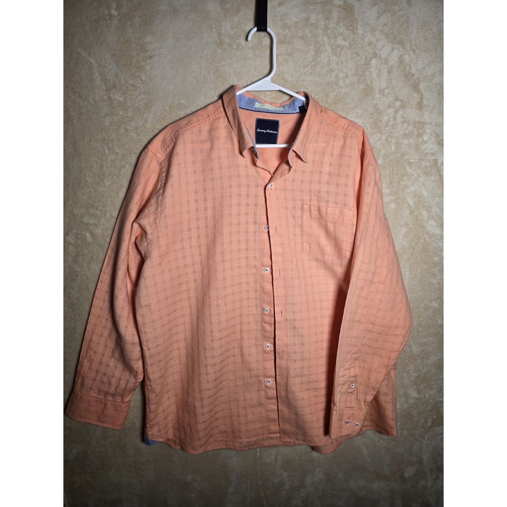 Tommy Bahama Men XL Linen Cotton Button Front Shirt Peach Plaid Textured Long330